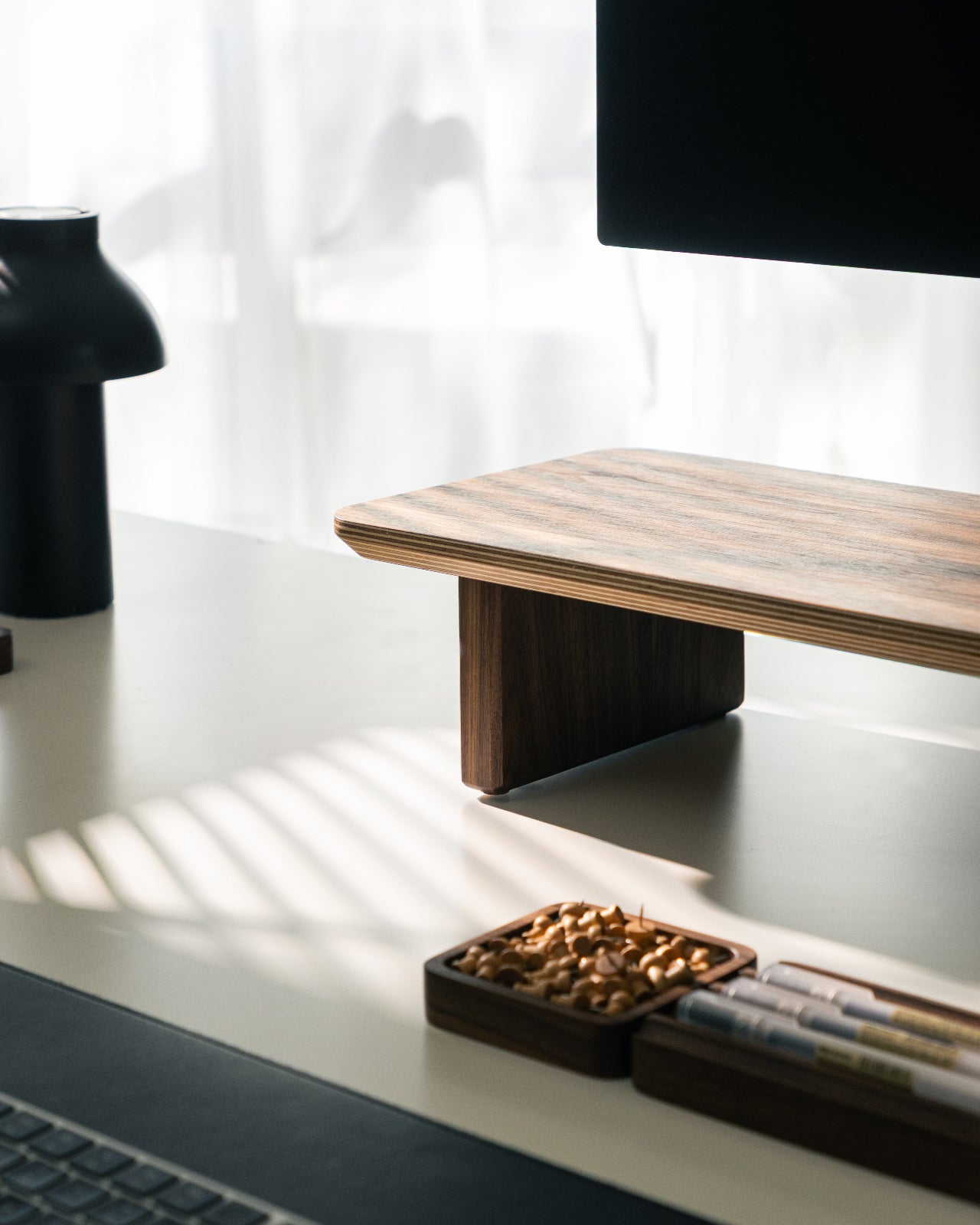 Detail Shot of the Modhaus Desk Shelf in Walnut Plywood