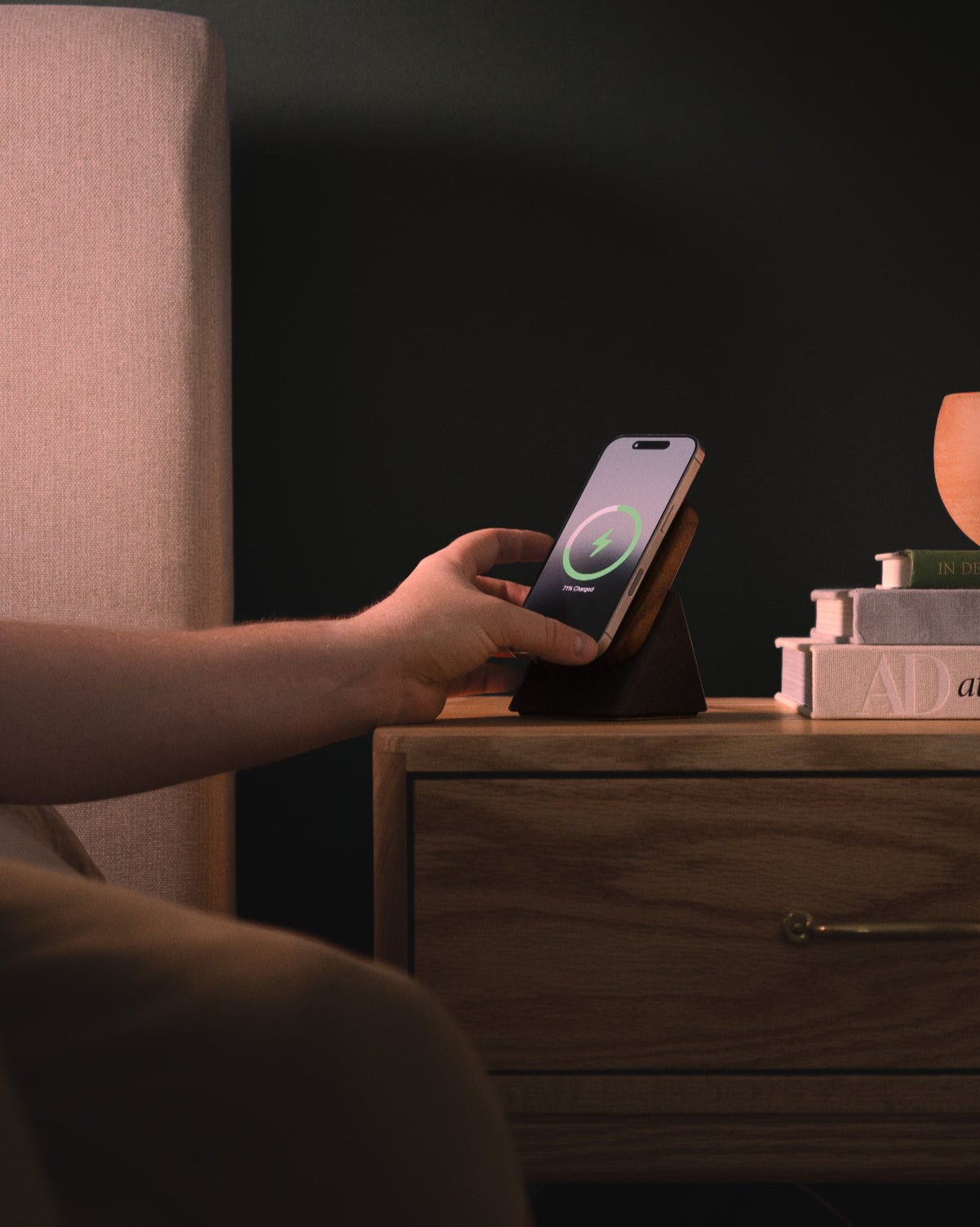 The Modhaus Upright Two Phone Stand for MagSafe in Walnut / Charcoal