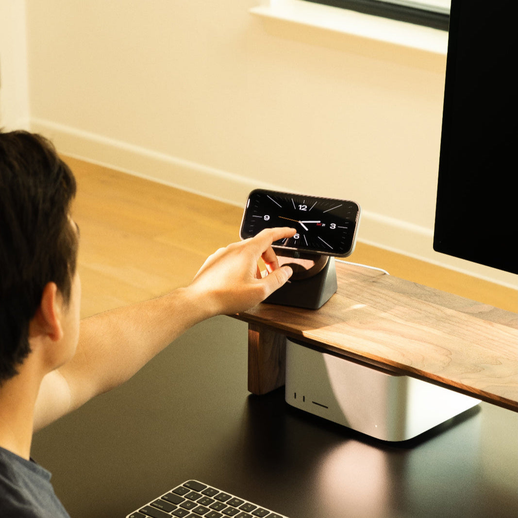 The Modhaus MagSafe Phone Stand in Walnut / Charcoal