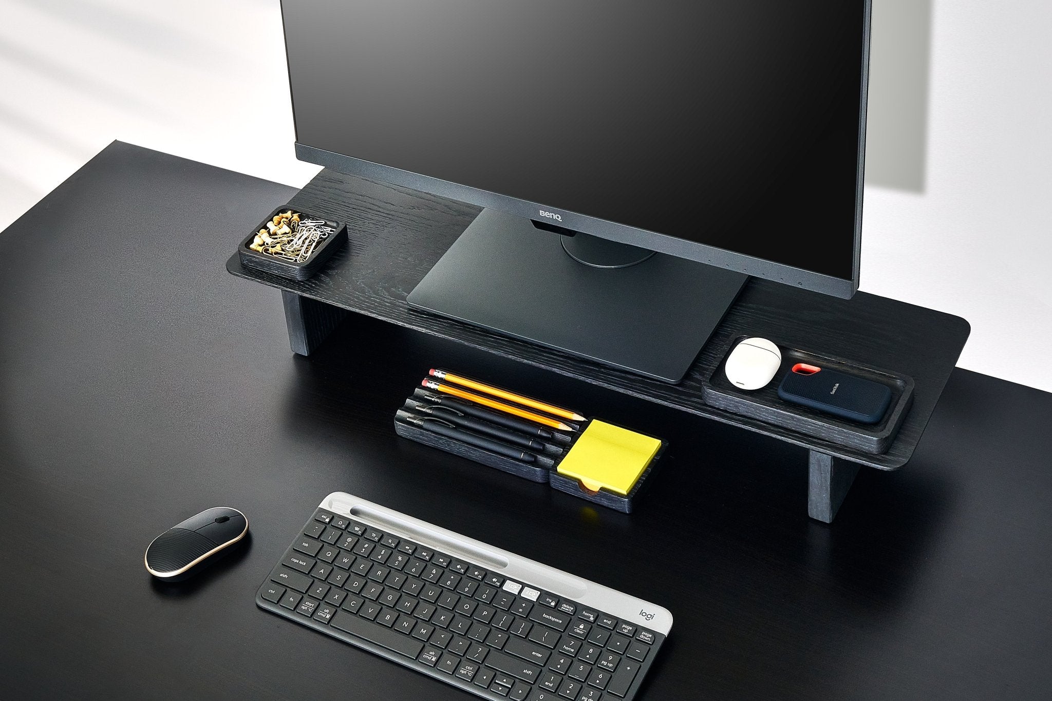 Modhaus Desk setup featuring the black essentials desk organizers