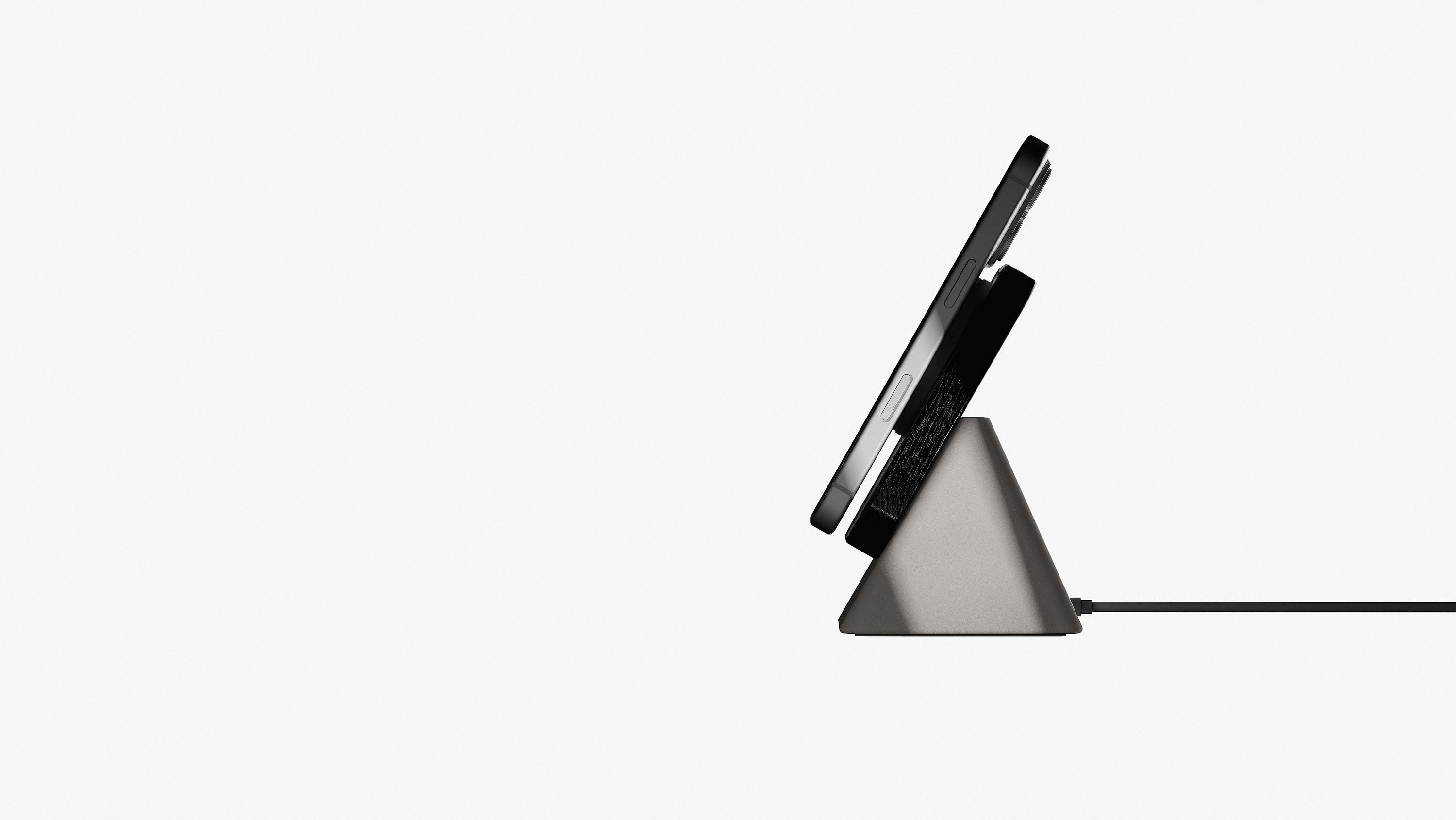 Modern phone charger stand in black oak and concrete