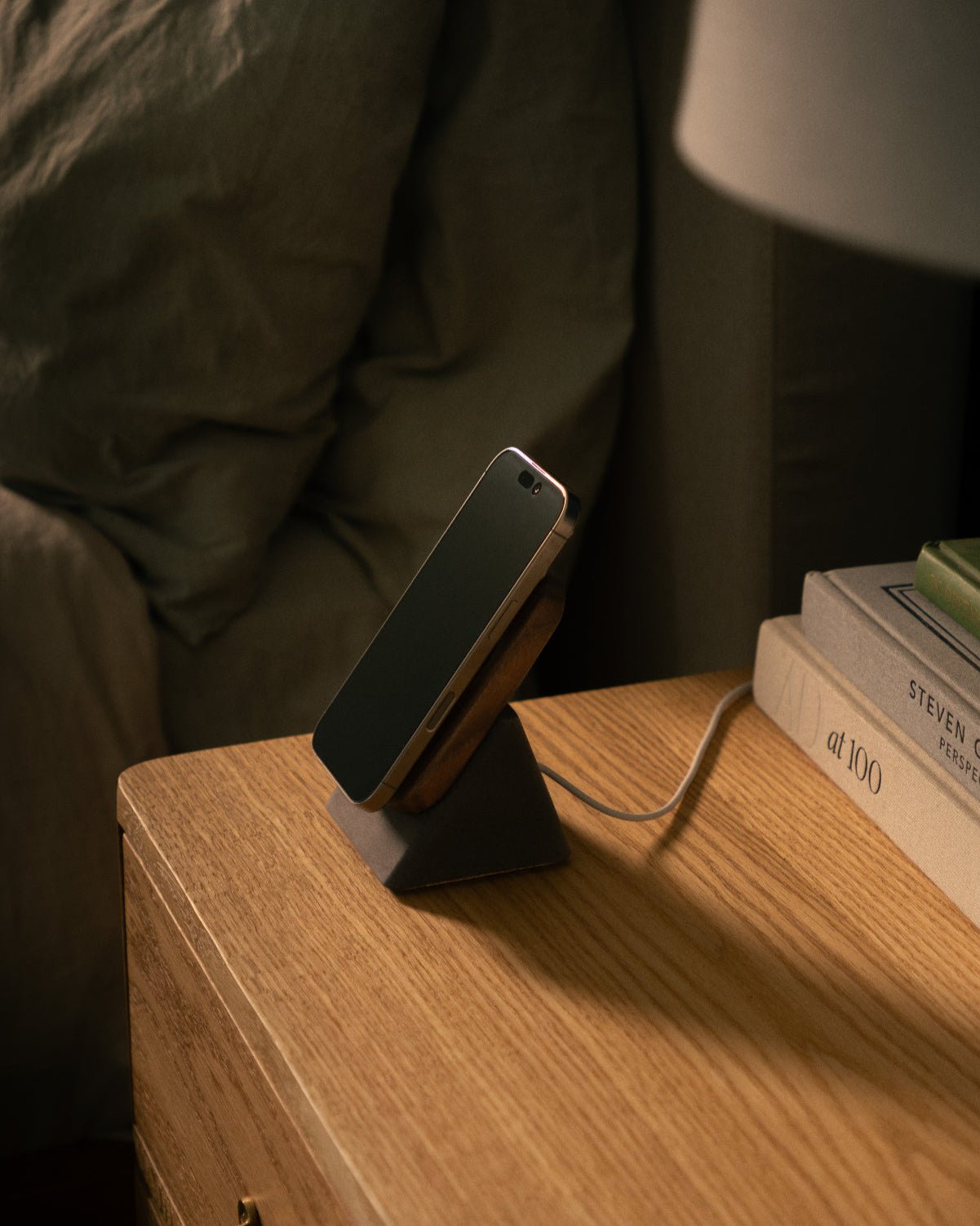 The Modhaus Upright Two Phone Stand for MagSafe in Walnut / Charcoal