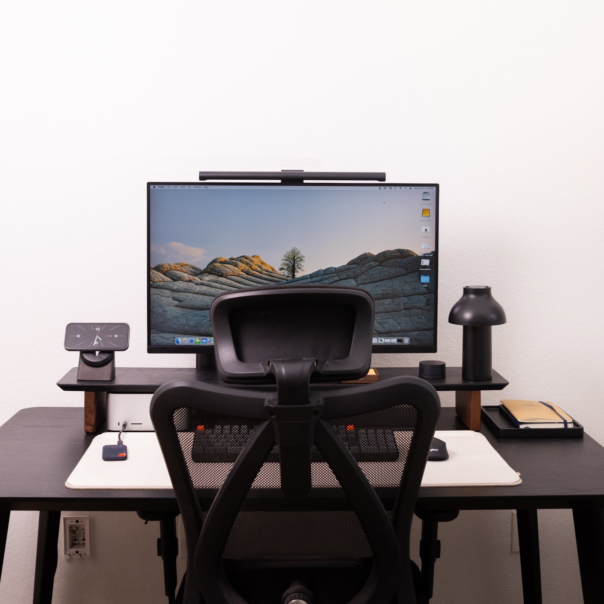 All Black desk setup with walnut accesnts