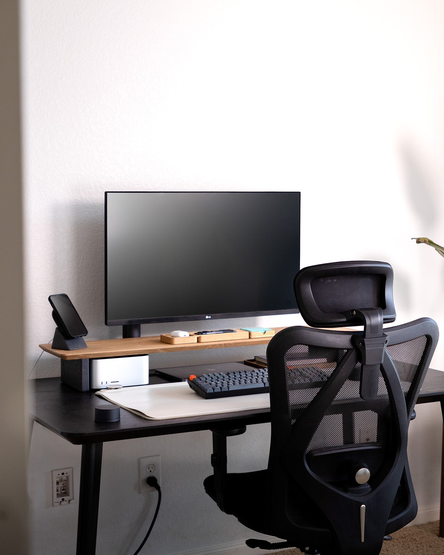 The Modhaus White Oak Desk Shelf on A black desk setup