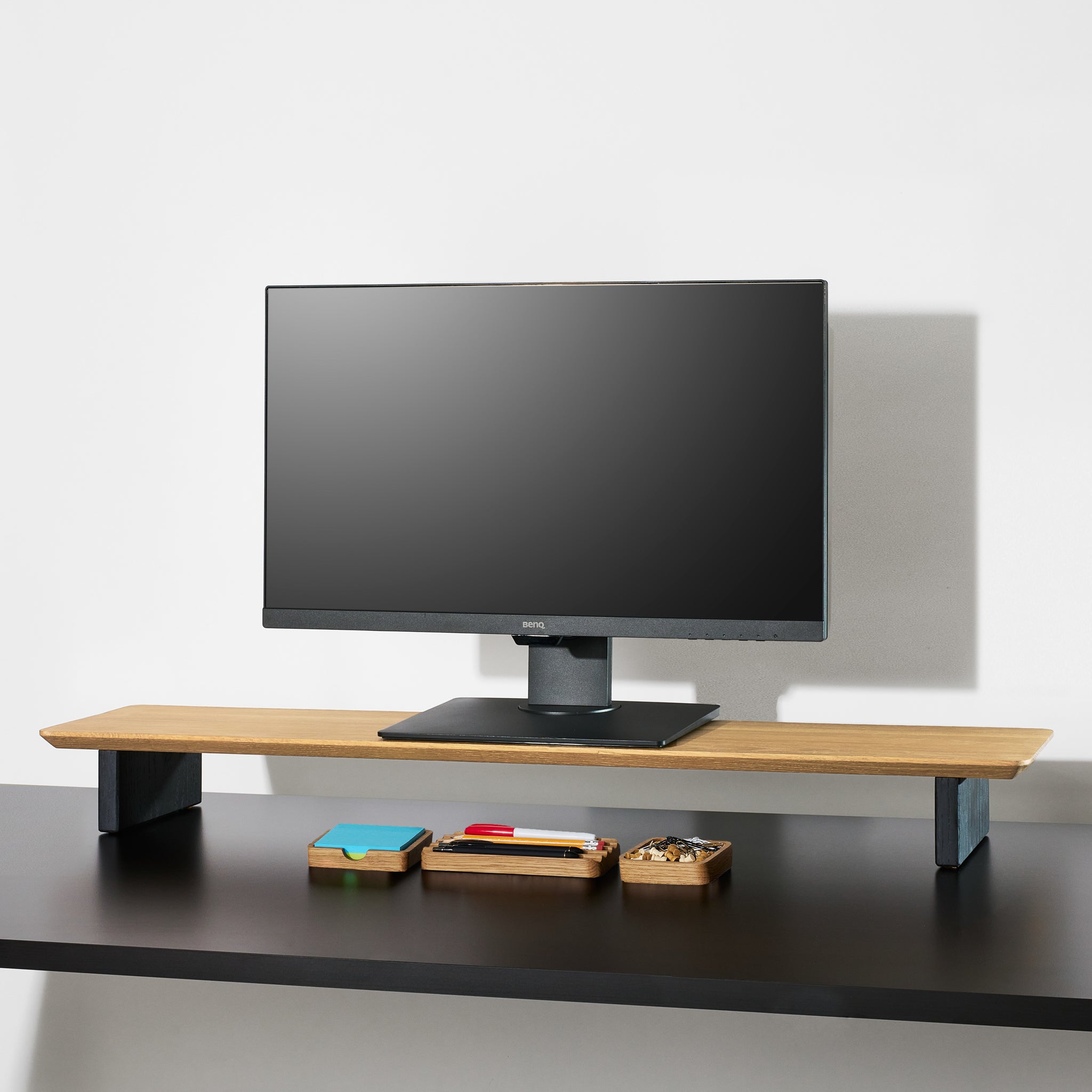  A Large White Oak desk shelf setup with other desk accessories