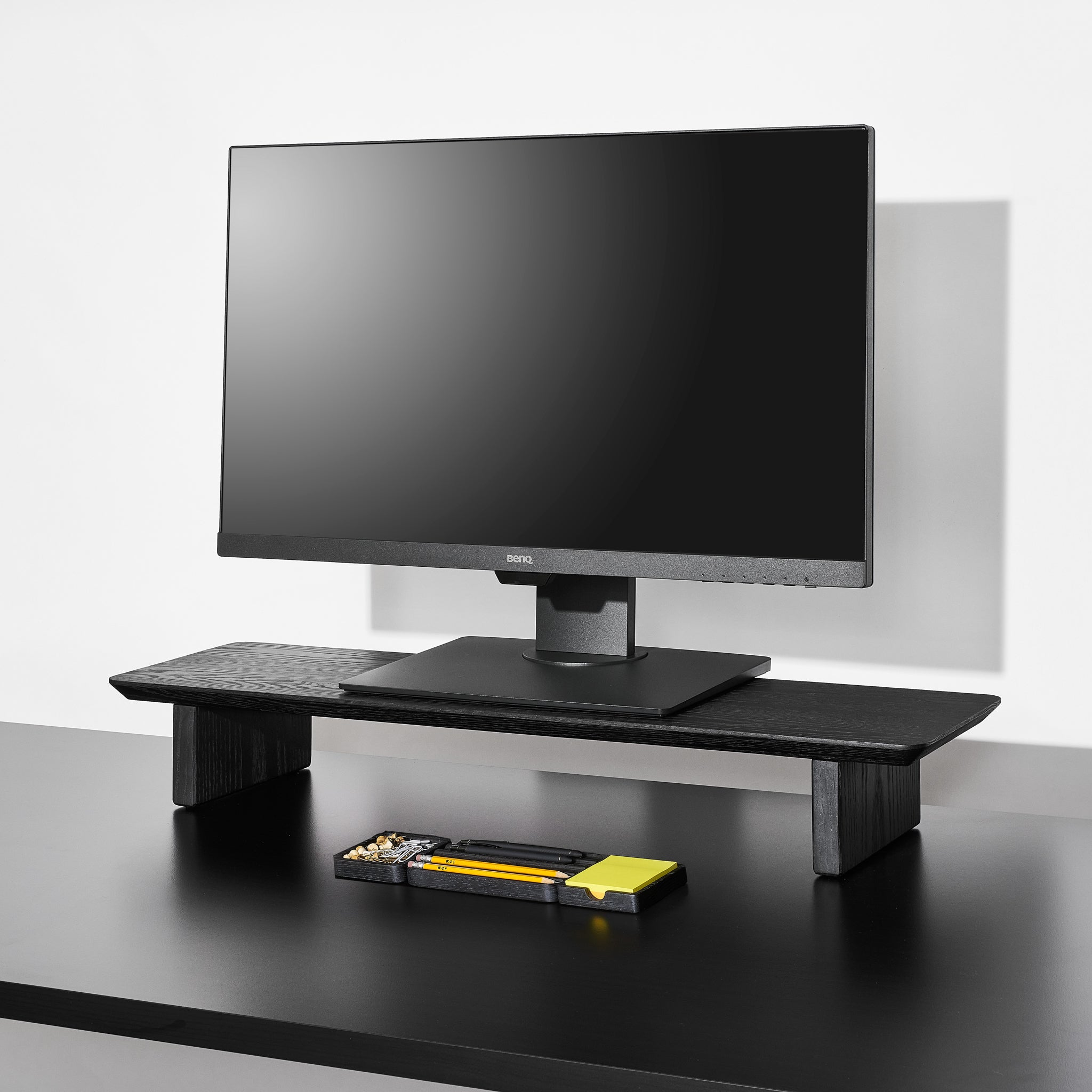 A medium Black desk shelf with the essentials desk accessories