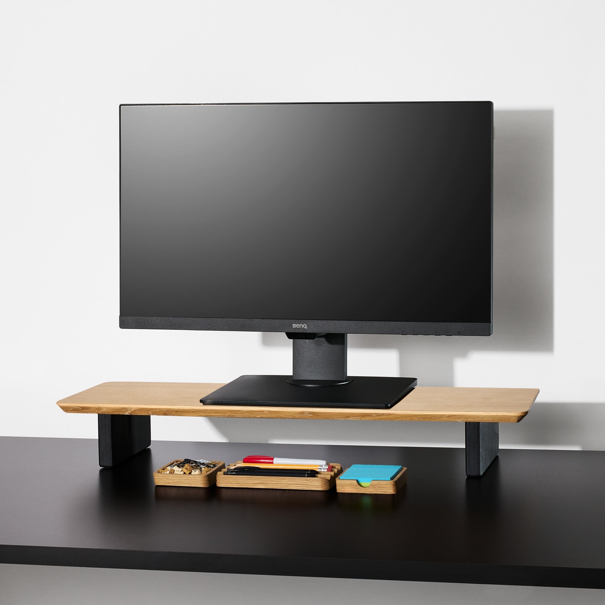 A medium White Oak desk shelf with workspace desk organizers