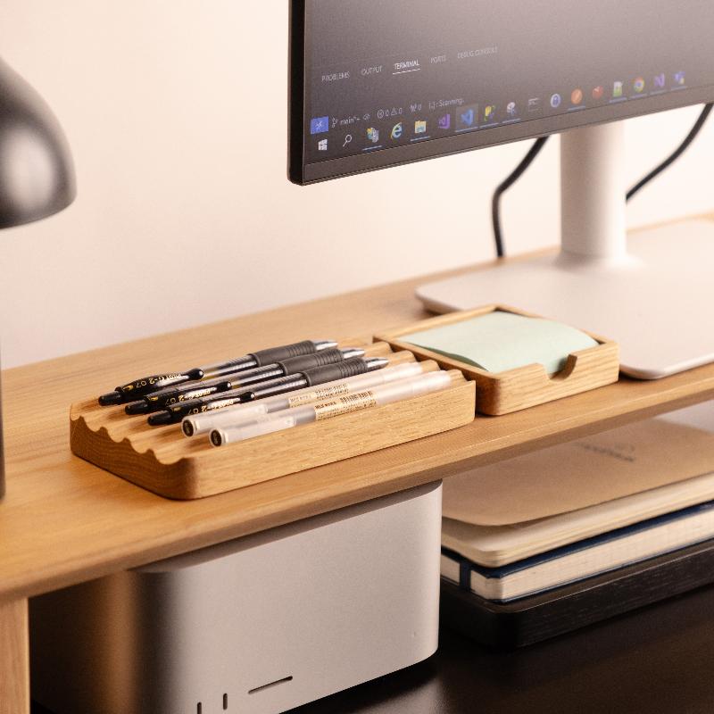 Wave Pen Tray and Sticky Note Tray in White Oak