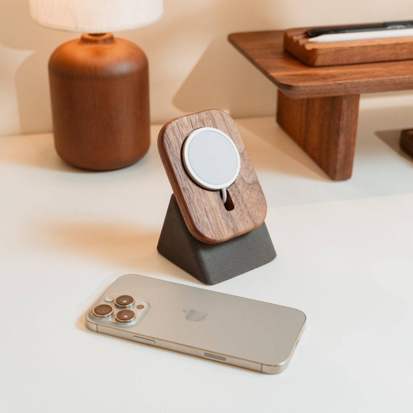 The Upright Two MagSafe Stand for your iPhone in Walnut/Charcoal