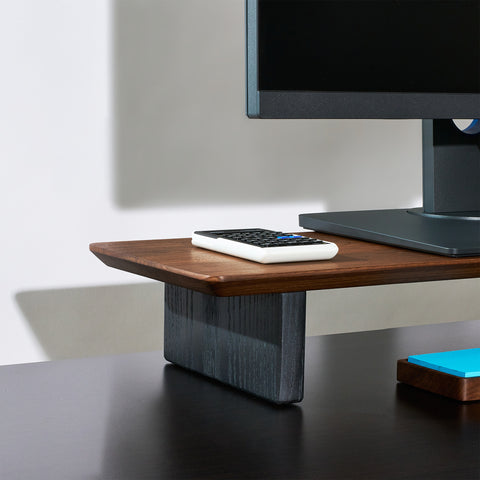Solid Hardwood Desk Shelf in Walnut paired with a set of Walnut Essentials - Solid Wood Organizers used to free the clutter of your work space and home office
